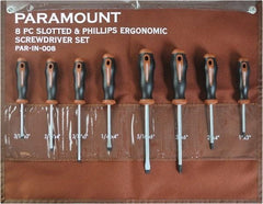 Paramount - 8 Piece Slotted, Phillips & Cabinet Screwdriver Set - Blade Sizes: Width 3/16, 1/4 & 5/16, Bit Sizes: Philips #0 to #3 - Apex Tool & Supply