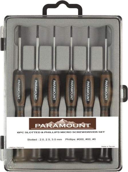 Paramount - 6 Piece Phillips & Slotted Screwdriver Set - Bit Sizes: Philips #000 to #0 - Apex Tool & Supply