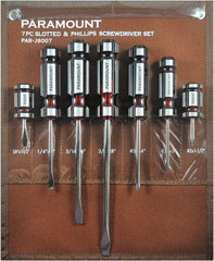 Paramount - 7 Piece Slotted, Phillips & Stubby Screwdriver Set - Blade Sizes: Width 1/4, 5/16 & 3/8, Bit Sizes: Philips #1 & #2 - Apex Tool & Supply