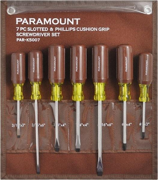 Paramount - 7 Piece Phillips & Slotted Screwdriver Set - Bit Sizes: Philips #0 to #4 - Apex Tool & Supply