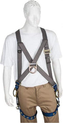 PRO-SAFE - 350 Lb Capacity, Size Universal, Full Body Cross-Over Safety Harness - Polyester, Front D-Ring, Side D-Ring, Tongue Buckle Leg Strap, Pass-Thru Chest Strap, Gray/Blue - Apex Tool & Supply