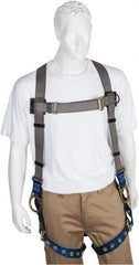 PRO-SAFE - 350 Lb Capacity, Size XXL, Full Body Back D-Ring Safety Harness - Polyester, Side D-Ring, Tongue Buckle Leg Strap, Pass-Thru Chest Strap, Gray/Blue - Apex Tool & Supply