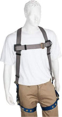 PRO-SAFE - 350 Lb Capacity, Size XL, Full Body Premium Tongue Buckle Safety Harness - Polyester, Tongue Buckle Leg Strap, Pass-Thru Chest Strap, Gray/Blue - Apex Tool & Supply