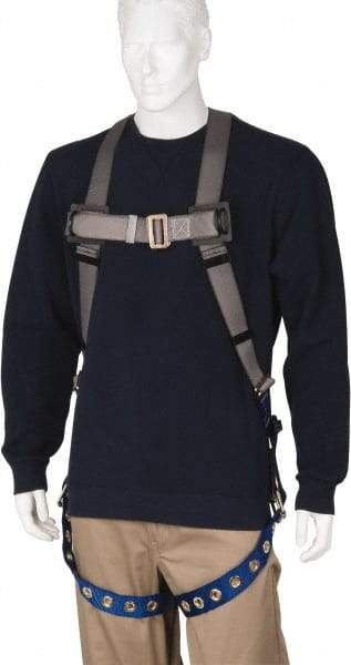 PRO-SAFE - 350 Lb Capacity, Size Universal, Full Body Premium Tongue Buckle Safety Harness - Polyester, Tongue Buckle Leg Strap, Pass-Thru Chest Strap, Gray/Blue - Apex Tool & Supply