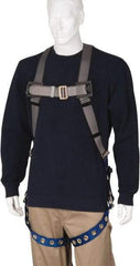 PRO-SAFE - 350 Lb Capacity, Size Universal, Full Body Premium Tongue Buckle Safety Harness - Polyester, Tongue Buckle Leg Strap, Pass-Thru Chest Strap, Gray/Blue - Apex Tool & Supply