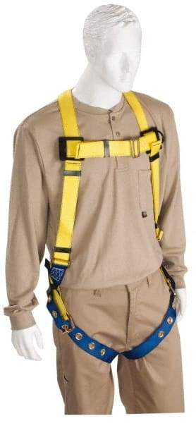 PRO-SAFE - 310 Lb Capacity, Size Universal, Full Body Lightweight Safety Harness - Polyester, Tongue Buckle Leg Strap, Tongue Buckle Chest Strap, Yellow/Blue - Apex Tool & Supply