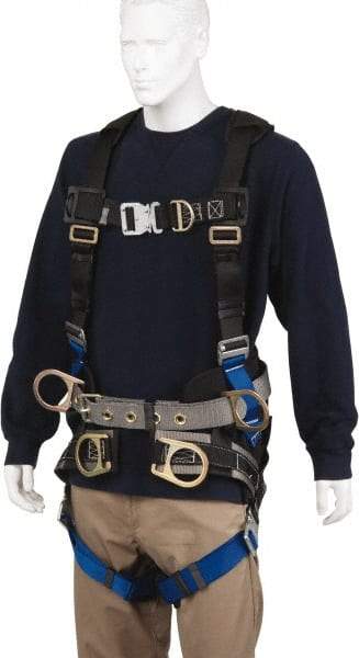 PRO-SAFE - 350 Lb Capacity, Size XXL, Full Body Tower Climbers Safety Harness - Polyester, Front D-Ring, Side D-Ring, Quick Connect Leg Strap, Quick Connect Chest Strap, Black/Blue - Apex Tool & Supply