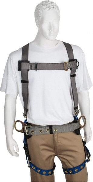 PRO-SAFE - 350 Lb Capacity, Size XXL, Full Body Construction Safety Harness - Polyester, Side D-Ring, Tongue Buckle Leg Strap, Pass-Thru Chest Strap, Gray/Blue - Apex Tool & Supply