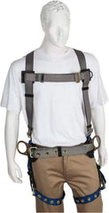 PRO-SAFE - 350 Lb Capacity, Size XL, Full Body Construction Safety Harness - Polyester, Side D-Ring, Tongue Buckle Leg Strap, Pass-Thru Chest Strap, Gray/Blue - Apex Tool & Supply