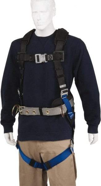 PRO-SAFE - 350 Lb Capacity, Size Universal, Full Body Construction Safety Harness - Polyester, Side D-Ring, Quick Connect Leg Strap, Quick Connect Chest Strap, Black/Blue - Apex Tool & Supply