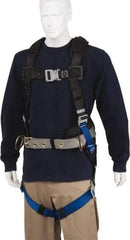 PRO-SAFE - 350 Lb Capacity, Size Universal, Full Body Construction Safety Harness - Polyester, Side D-Ring, Quick Connect Leg Strap, Quick Connect Chest Strap, Black/Blue - Apex Tool & Supply