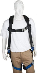 PRO-SAFE - 350 Lb Capacity, Size XXL, Full Body Padded Back D-Ring Safety Harness - Polyester, Side D-Ring, Quick Connect Leg Strap, Quick Connect Chest Strap, Black/Blue - Apex Tool & Supply