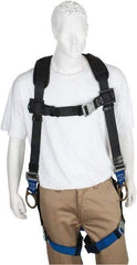 PRO-SAFE - 350 Lb Capacity, Size Universal, Full Body Padded Back D-Ring Safety Harness - Polyester, Side D-Ring, Quick Connect Leg Strap, Quick Connect Chest Strap, Black/Blue - Apex Tool & Supply