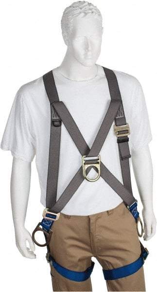 PRO-SAFE - 350 Lb Capacity, Size Universal, Full Body Cross-Over Safety Harness - Polyester, Front D-Ring, Side D-Ring, Pass-Thru Leg Strap, Pass-Thru Chest Strap, Gray/Blue - Apex Tool & Supply
