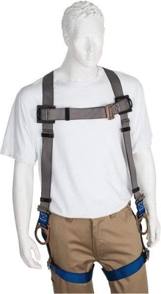 PRO-SAFE - 350 Lb Capacity, Size XXL, Full Body Back D-Ring Safety Harness - Polyester, Side D-Ring, Pass-Thru Leg Strap, Pass-Thru Chest Strap, Gray/Blue - Apex Tool & Supply