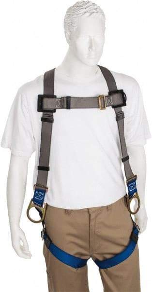 PRO-SAFE - 350 Lb Capacity, Size Universal, Full Body Back D-Ring Safety Harness - Polyester, Side D-Ring, Pass-Thru Leg Strap, Pass-Thru Chest Strap, Gray/Blue - Apex Tool & Supply