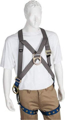 PRO-SAFE - 350 Lb Capacity, Size XXL, Full Body Cross-Over Safety Harness - Polyester, Front D-Ring, Side D-Ring, Tongue Buckle Leg Strap, Pass-Thru Chest Strap, Gray/Blue - Apex Tool & Supply