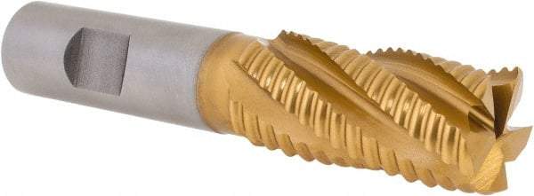 Hertel - 7/8" Diam, Coarse Pitch, 1-7/8" LOC, 5 Flute Cobalt Roughing Square End Mill - TiN Finish, 4-1/8" OAL, 3/4" Shank Diam, Single End, Centercutting, 30° Helix - Apex Tool & Supply