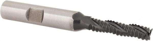 Hertel - 1/4" Diam, Coarse Pitch, 1-1/8" LOC, 3 Flute Cobalt Roughing Square End Mill - TiAlN Finish, 2-15/16" OAL, 3/8" Shank Diam, Single End, 30° Helix - Apex Tool & Supply