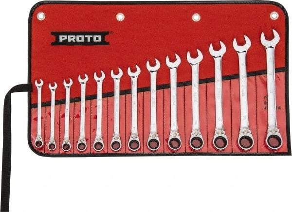 Proto - 13 Piece, 7mm to 19mm, 12 Point Reversible Ratcheting Combination Wrench Set - Metric Measurement Standard, Full Polish Chrome Finish, Comes in Tool Roll - Apex Tool & Supply