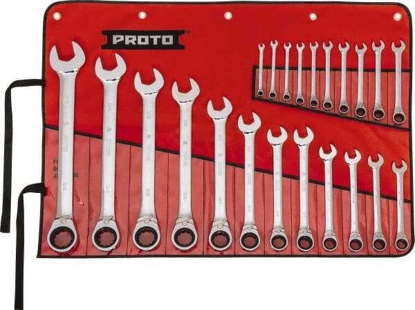Proto - 22 Piece, 6mm to 36mm, 12 Point Reversible Ratcheting Combination Wrench Set - Metric Measurement Standard, Full Polish Chrome Finish, Comes in Tool Roll - Apex Tool & Supply