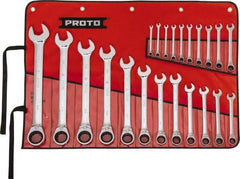Proto - 22 Piece, 6mm to 36mm, 12 Point Reversible Ratcheting Combination Wrench Set - Metric Measurement Standard, Full Polish Chrome Finish, Comes in Tool Roll - Apex Tool & Supply