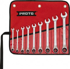 Proto - 9 Piece, 9/32" to 3/4", 12 Point Reversible Ratcheting Combination Wrench Set - Inch Measurement Standard, Full Polish Chrome Finish, Comes in Tool Roll - Apex Tool & Supply