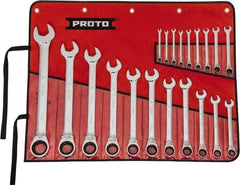 Proto - 20 Piece, 7/32" to 1-1/2", 12 Point Reversible Ratcheting Combination Wrench Set - Inch Measurement Standard, Full Polish Chrome Finish, Comes in Tool Roll - Apex Tool & Supply