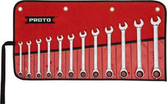 Proto - 12 Piece, 8mm to 19mm, 12 Point Ratcheting Combination Wrench Set - Metric Measurement Standard, Full Polish Chrome Finish, Comes in Tool Roll - Apex Tool & Supply