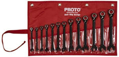 Proto - 13 Piece, 7mm to 19mm, 12 Point Short Ratcheting Reversible Combination Spline Wrench Set - Metric Measurement Standard, Black/Chrome Finish, Comes in Tool Roll - Apex Tool & Supply