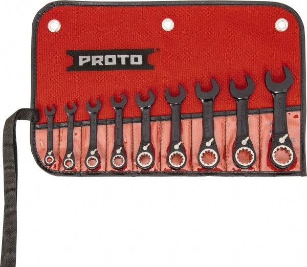 Proto - 9 Piece, 1/4" to 3/4", 12 Point Short Ratcheting Reversible Combination Spline Wrench Set - Inch Measurement Standard, Black/Chrome Finish, Comes in Tool Roll - Apex Tool & Supply