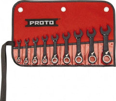 Proto - 9 Piece, 1/4" to 3/4", 12 Point Short Ratcheting Reversible Combination Spline Wrench Set - Inch Measurement Standard, Black/Chrome Finish, Comes in Tool Roll - Apex Tool & Supply