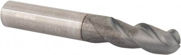 Accupro - 23/64" Diam, 7/8" LOC, 3 Flute Solid Carbide Ball End Mill - nACRo Finish, Single End, 2-1/2" OAL, 3/8" Shank Diam, Spiral Flute - Apex Tool & Supply