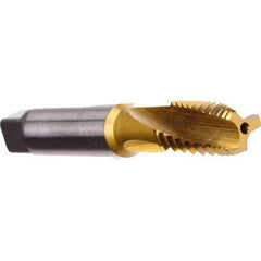 Emuge - 1/8-27 NPT, 3 Flutes, TiN Coated, Cobalt, Interrupted Thread Pipe Tap - 2-1/8 Inch Overall Length, 7/16 Inch Shank Diameter, 3/4 Inch Thread Length, 0.32 Inch Square Size, Modified Bottoming Chamfer, Series KEG - Apex Tool & Supply