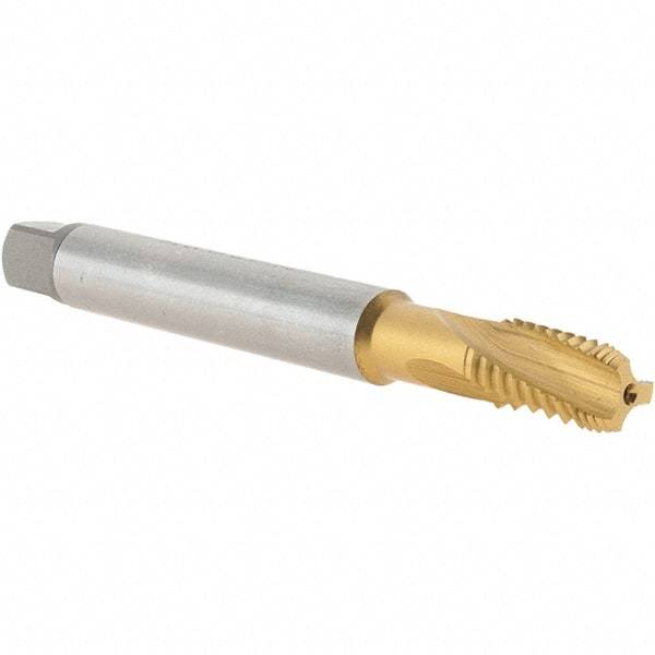 Emuge - 1/8-27 NPT, 15° Helix, 3 Flutes, Modified Bottoming Chamfer, TiN Finish, Cobalt, Spiral Flute Pipe Tap - Right Hand Flute, 7/16" Shank Diam, 3/4" Thread Length, 0.328" Square Size, Series KEG - Apex Tool & Supply