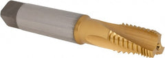 Emuge - 3/8-18 NPT, 15° Helix, 3 Flutes, Modified Bottoming Chamfer, TiN Finish, Cobalt, Spiral Flute Pipe Tap - Apex Tool & Supply