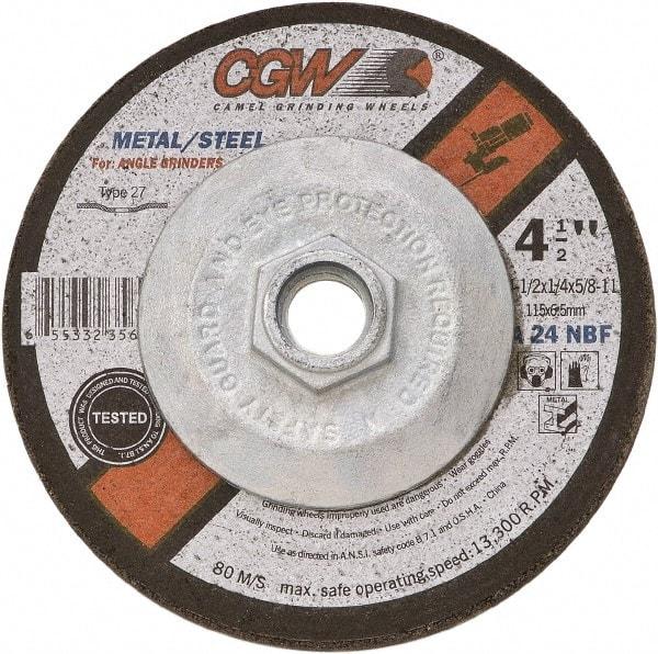 Camel Grinding Wheels - 24 Grit, 5" Wheel Diam, 1/4" Wheel Thickness, Type 27 Depressed Center Wheel - Coarse Grade, Aluminum Oxide, Resinoid Bond, 12,250 Max RPM - Apex Tool & Supply