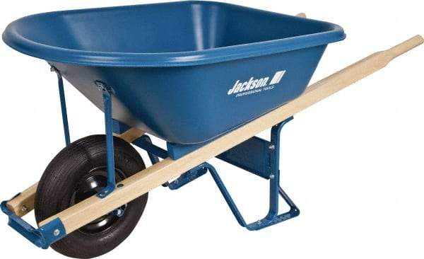 Jackson Professional Tools - 5.75 Cu Ft Capacity Wheelbarrow with 16" Pneumatic Wheel - Wood Handle, 59-1/4" Long x 29-1/2" Wide x 27-1/4" High, Blue - Apex Tool & Supply