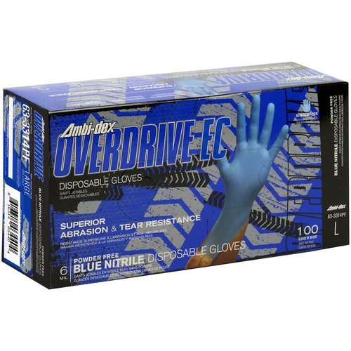 ‎63-3314PF/XL Disposable Gloves - Ambi-Dex Overdrive EC Disposable Nitrile - 6 Mil Blue 14″ - Powder Free - Exact Industrial Supply