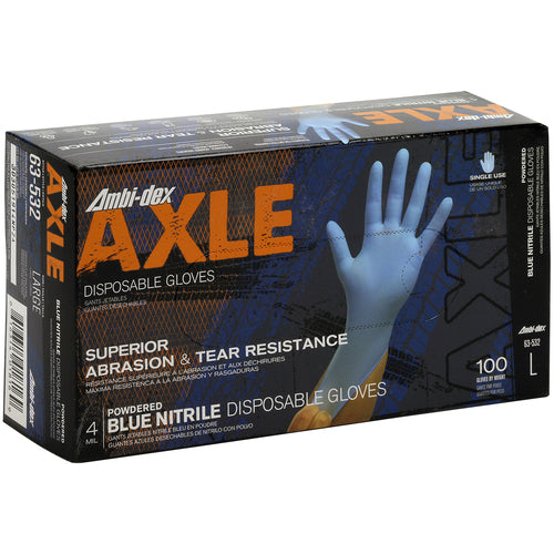 ‎63-532/XL Disposable Gloves - Ambi-Dex Axle Disposable Nitrile - 4 mil Blue - Powdered - Textured Grip - Exact Industrial Supply