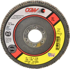Camel Grinding Wheels - 80 Grit, 4-1/2" Disc Diam, 7/8" Center Hole, Type 27 Zirconia Alumina Flap Disc - 13,300 Max RPM, Polyester Backing, Arbor Attaching System, Coated - Apex Tool & Supply