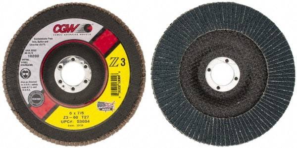 Camel Grinding Wheels - 60 Grit, 6" Disc Diam, 7/8" Center Hole, Type 27 Aluminum Oxide Flap Disc - 10,200 Max RPM, Poly Cotton Backing, Arbor Attaching System, Coated - Apex Tool & Supply