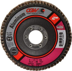 Camel Grinding Wheels - 36 Grit, 4-1/2" Disc Diam, 7/8" Center Hole, Type 27 Aluminum Oxide Flap Disc - 13,300 Max RPM, Polyester Backing, Arbor Attaching System, Coated - Apex Tool & Supply