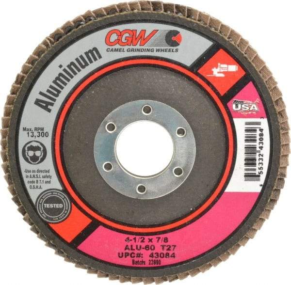 Camel Grinding Wheels - 60 Grit, 4-1/2" Disc Diam, 7/8" Center Hole, Type 27 Aluminum Oxide Flap Disc - 13,300 Max RPM, Polyester Backing, Arbor Attaching System, Coated - Apex Tool & Supply