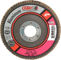 Camel Grinding Wheels - 60 Grit, 4-1/2" Disc Diam, 7/8" Center Hole, Type 27 Aluminum Oxide Flap Disc - 13,300 Max RPM, Polyester Backing, Arbor Attaching System, Coated - Apex Tool & Supply