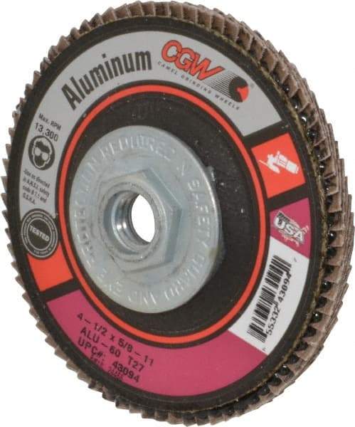 Camel Grinding Wheels - 60 Grit, 4-1/2" Disc Diam, 5/8-11 Center Hole, Type 27 Aluminum Oxide Flap Disc - 13,300 Max RPM, Polyester Backing, Arbor Attaching System, Coated - Apex Tool & Supply