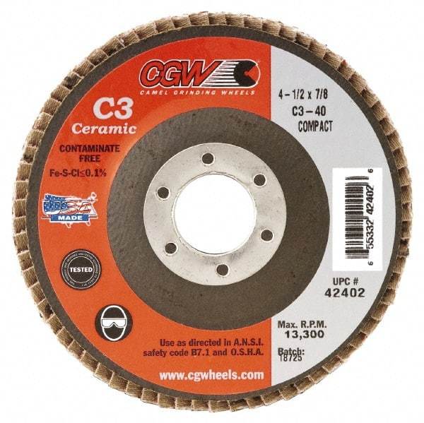 Camel Grinding Wheels - 80 Grit, 5" Disc Diam, 5/8-11 Center Hole, Ceramic Flap Disc - 12,200 Max RPM, Polyester Backing, Arbor Attaching System, Coated - Apex Tool & Supply