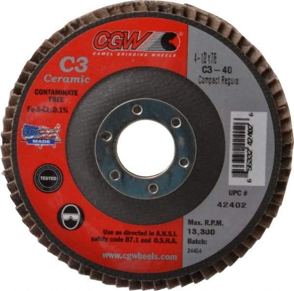 Camel Grinding Wheels - 40 Grit, 4-1/2" Disc Diam, 7/8" Center Hole, Ceramic Flap Disc - 13,300 Max RPM, Polyester Backing, Arbor Attaching System, Coated - Apex Tool & Supply