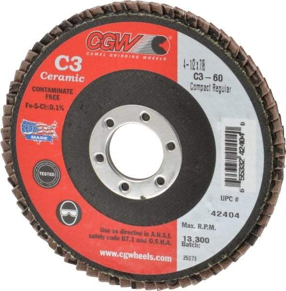 Camel Grinding Wheels - 60 Grit, 4-1/2" Disc Diam, 7/8" Center Hole, Ceramic Flap Disc - 13,300 Max RPM, Polyester Backing, Arbor Attaching System, Coated - Apex Tool & Supply