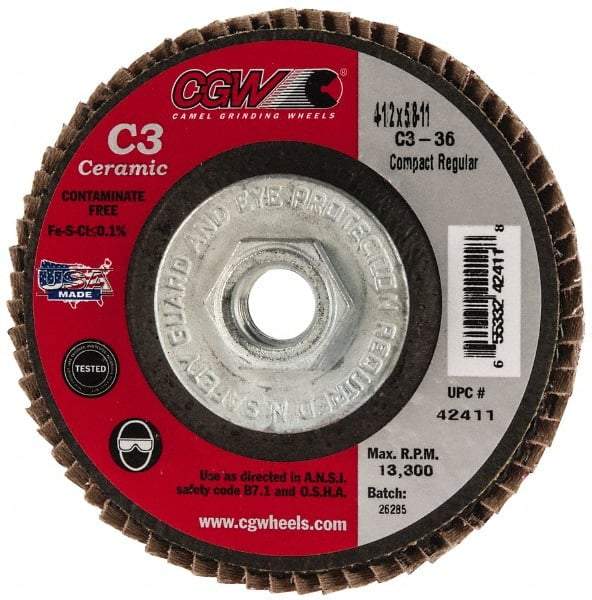 Camel Grinding Wheels - 36 Grit, 4-1/2" Disc Diam, 5/8-11 Center Hole, Ceramic Flap Disc - 13,300 Max RPM, Polyester Backing, Arbor Attaching System, Coated - Apex Tool & Supply
